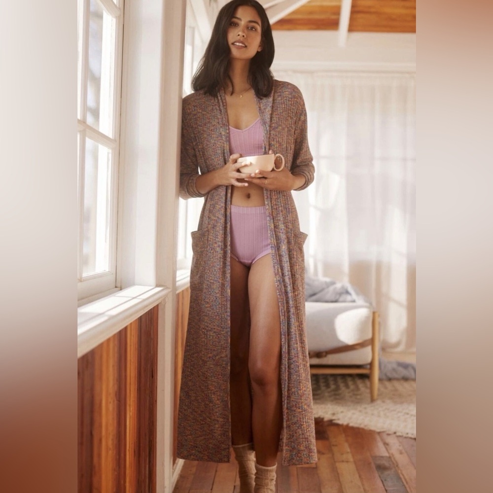 Anthro Daily Practice Cozy Marled Rainbow Stretchy Long Duster Cardigan~Size M - Picture 2 of 11
